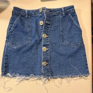 GR Girls Denim Jean Skirt Button Front Frayed Hem Size 14 Kids